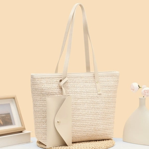Woven Straw Tote Bag And Pouch For Women Large Capacity Summer Beach Vacation Handbag With PU Leather Strap Casual Fashion