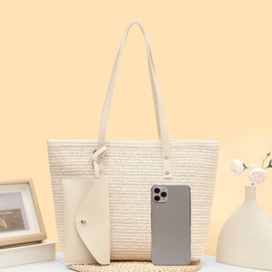 Minimalist woven straw tote bag with matching pouch and PU handles in cream white
