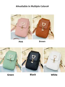 Detail of five mini crossbody phone bags with textured patterns and cat-ear metal ring charms