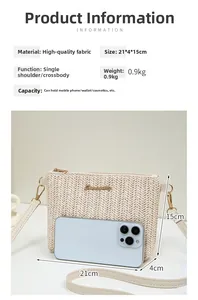 Detail view showing 21x15cm straw crossbody bag size comparison with a smartphone