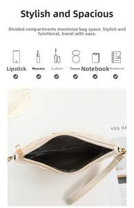 Detail of woven straw clutch with wrist strap and internal capacity for daily essentials