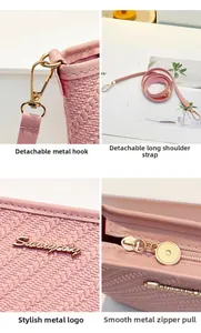 Detail view of pink bucket bag featuring woven texture and premium gold metal hardware