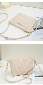 Close-up of woven straw texture and gold hardware on a beige summer crossbody bag