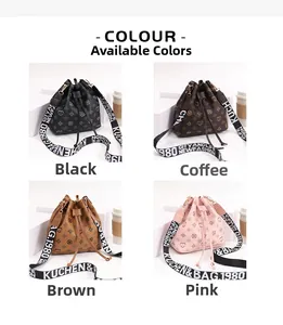 Detail of drawstring bucket bags in four colors with wide patterned textile shoulder straps