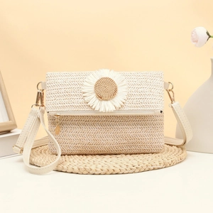 Women Straw Woven Crossbody Bag Daisy Flower Summer Beach Shoulder Purse Handwoven Bohemian Style Small Square Handbag