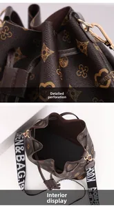 Detail of drawstring bucket bag showing fine perforations and spacious black inner lining