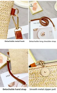 Détails du sac en paille avec crochets en métal, poignée en cuir et tirette de zip