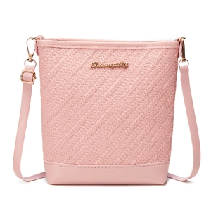 Pink woven texture bucket bag with gold logo and adjustable shoulder strap for women