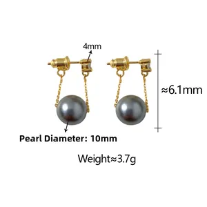 Detail of long gold pearl tassel earrings showing 10mm grey pearl and 4mm zircon dimensions