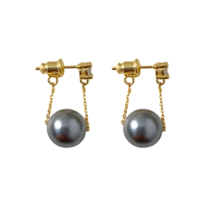 Elegant gold-plated drop earrings featuring long chain tassels and grey pearl pendants
