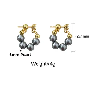 Macro detail of 6mm grey pearl hoop earrings with gold metal beads and dimensions