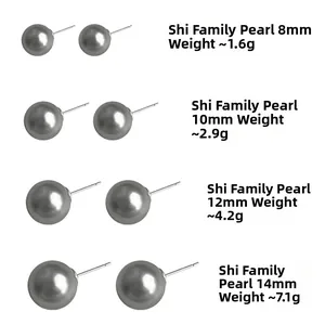 Size chart showing 8mm to 14mm round grey crystal pearl stud earrings with weight details