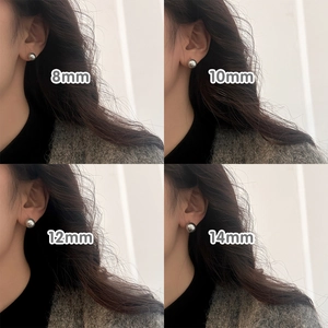 Size comparison of grey round pearl stud earrings showing 8mm to 14mm diameters