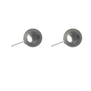 Classic dark grey round pearl stud earrings with elegant silver needles for women