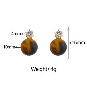 Detail view of tiger eye stone earrings showing 10mm bead size and 16mm total height