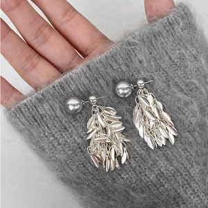 Elegant Leaf Tassel Dangle Earrings For Women Copper Metal Shell Artificial Pearl Convertible Design Minimalist Lightweight Luxury Style