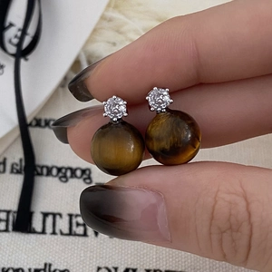 Natural tiger eye stone stud earrings with sparkling zircon and silver metal finish