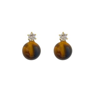 Tiger eye stone stud earrings with zircon inlay and gold finish on white background