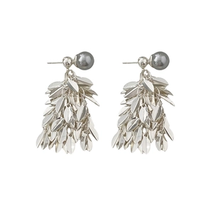 Silver leaf tassel earrings with grey pearls in a minimalist dual-wear luxury design