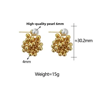 Detailed size specifications for gold cluster earrings with pearl and metal ball tassel