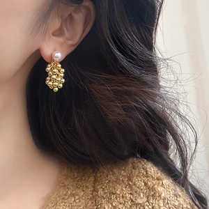 French vintage gold bead cluster drop earrings with white pearl detail for women