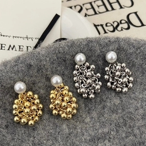 French vintage earrings with pearls and metallic ball tassels in gold and silver finish