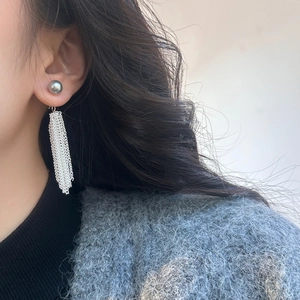 Elegant waterfall tassel earrings with grey metallic pearls and long silver chains