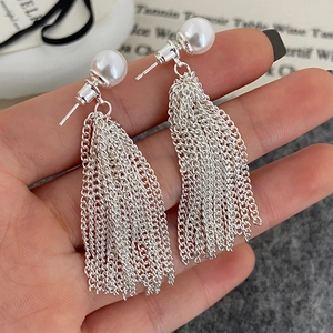 Long Waterfall Tassel Dangle Earrings Copper With Round Artificial Pearl Elegant Luxury Fashion Jewelry For Women
