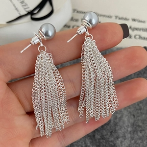 Elegant grey pearl stud earrings with long silver cascading tassel chains for women