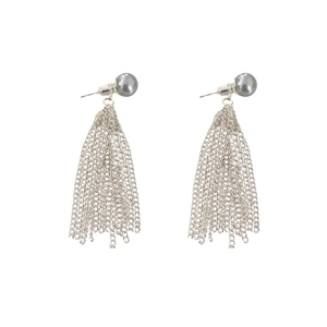 Elegant silver tassel earrings featuring grey pearls and long flowing chain fringes