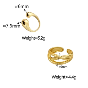 Detail view of gold crisscross and teardrop rings with weight and size specifications