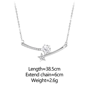 Detailed view of silver star necklace length specs with sparkling zircon pendant