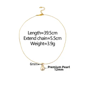 Detail of necklace showing 12mm lustrous pearl and 6mm zircon pendant with measurements