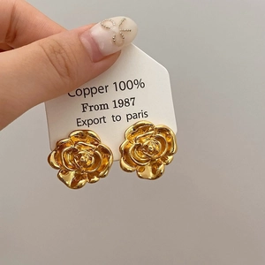 Detailed close-up of 3D rose earrings crafted in high-quality gold-plated copper