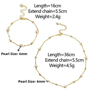 Detail of 6mm white pearls and golden chain with 5.5cm extension on necklace and bracelet