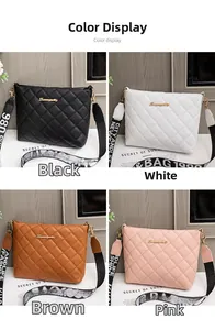 Macro shot showing four colors of quilted PU leather bucket bags with wide fabric straps