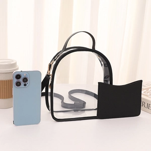 Minimalist transparent PVC jelly backpack with black leather trim and inner pouch