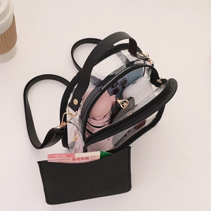Summer transparent PVC crossbody backpack with black leather trim and matching card holder
