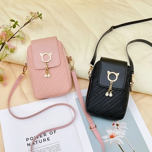 Fashion women crossbody phone bag with V-weave pattern and pearl cat ear metal decor