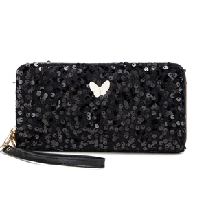 Portefeuille long à paillettes noires pour femme avec boucle papillon et dragonne chic