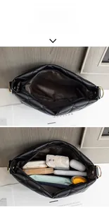 Detail view of the quilted bucket bag showing its spacious inner compartment and capacity