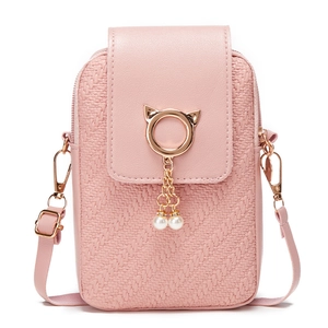 Pink quilted leather crossbody phone bag for women with cat ear metal ring and pearl tassel