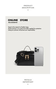Glossy black mini box bag featuring double zippers and smartphone size comparison