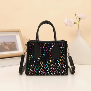 Chic black tote bag with colorful sequins, dual handles and adjustable shoulder strap