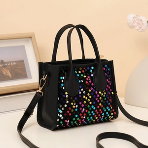 Black PU leather handbag with colorful sequins and a detachable gold buckle strap