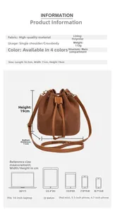Size chart for corduroy drawstring bucket bag showing 16.5x11x19cm dimensions and specs