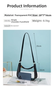 Detail view of transparent PVC shoulder bag with black trim and sizing measurements