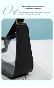 Detail of black textured leather and clear PVC stitching with light gold metal D-ring