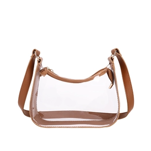Transparent underarm bag with brown leather trim and golden metal hardware