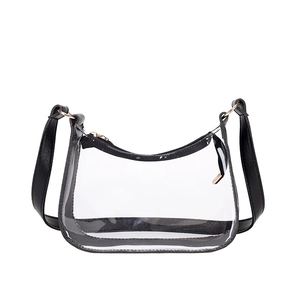Minimalist transparent PVC shoulder bag with black leather trim and gold metal hardware